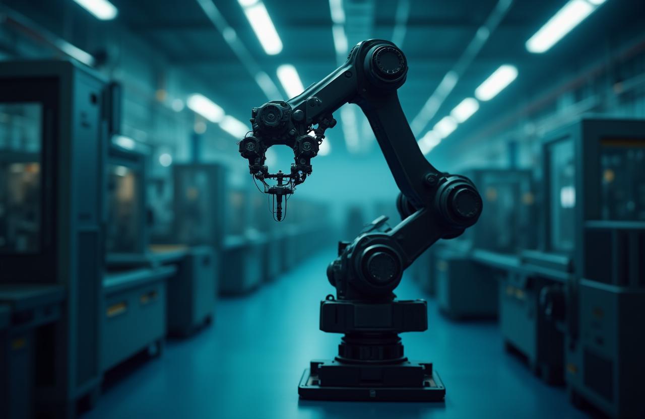 高度な産業用ロボットアームの稼働風景